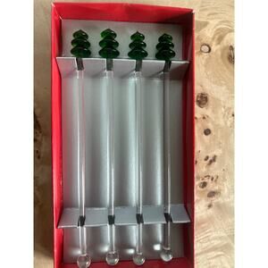 Crate & Barrel Christmas Tree Glass Swizzle Sticks Holiday Barware New Boxed